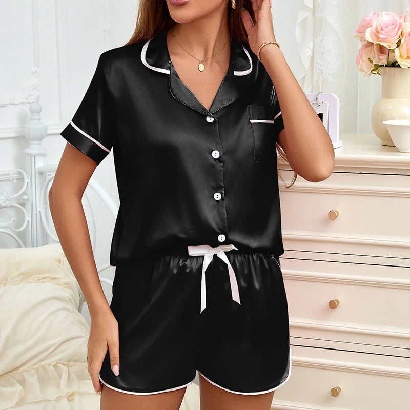 Women's Pajamas Lounge Set Heart Embroidered Pocket Patched Sleepwear Button Down Short Sleeve Top & Shorts Pyjama Home Clothing Black