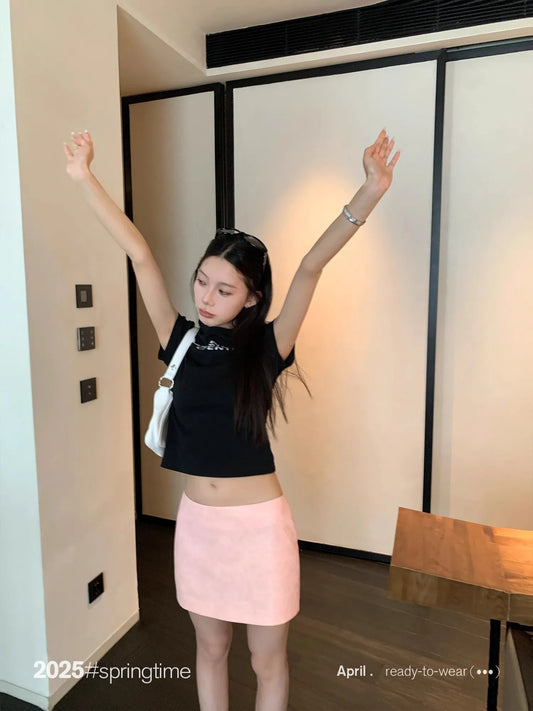 Lautaro Spring Summer Pink Soft Pu Leather Mini Skirt Women with Low Waist Short Luxury Chic A Line Clothes Korean Fashion 2025