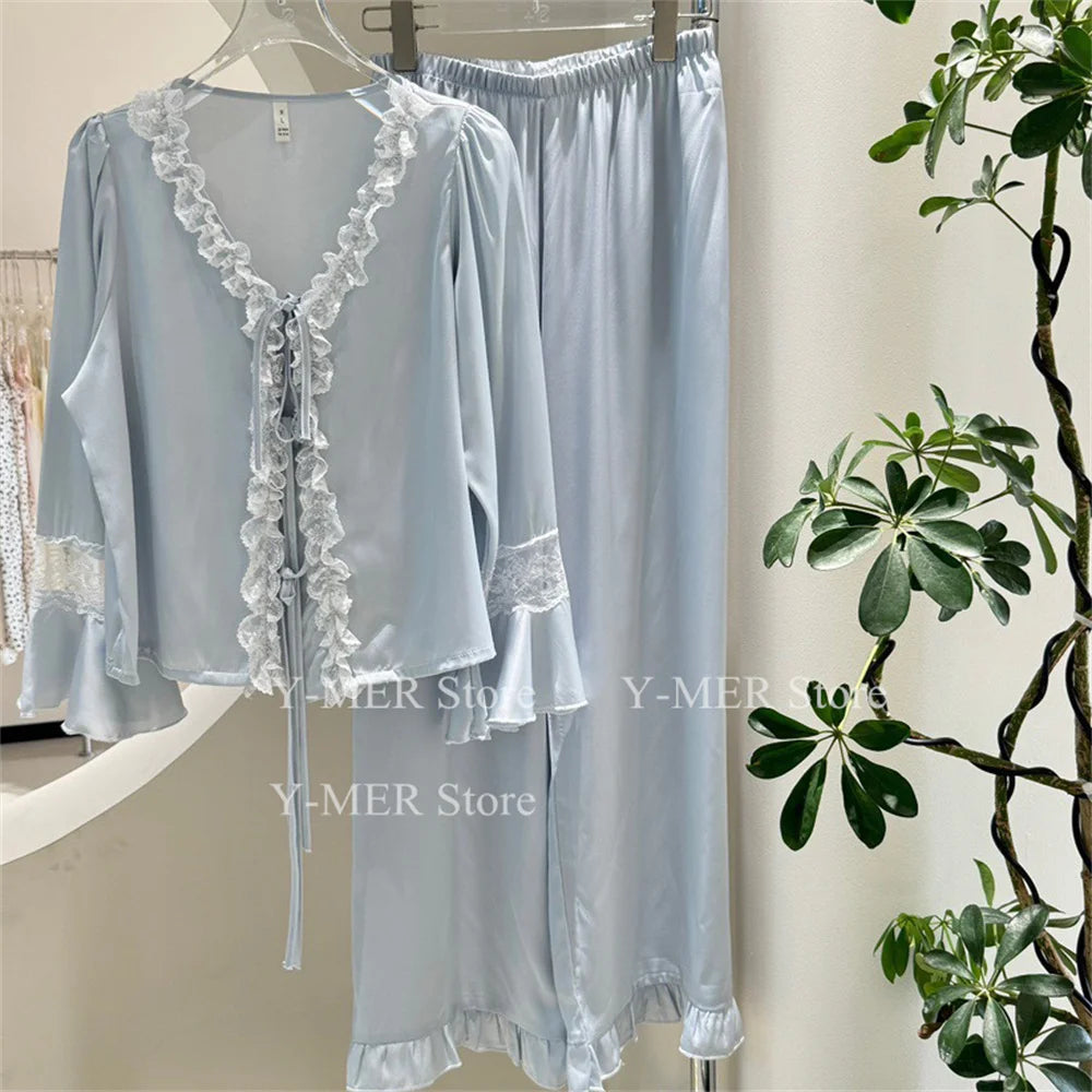 Blue Pajamas Set Elegant Home Clothes Ice Silk Sleepwear Women Loose Trousers Suit Four Seasons Loungewear Sexy Lace Nightgown Blue C