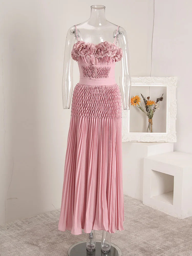 DEAT Elegant Dress Hollow Out Backless Camisole Pleated Flower High Waist Women's Party Dresses 2025 Autumn New Fashion 13DB5083 Badiee Stylez