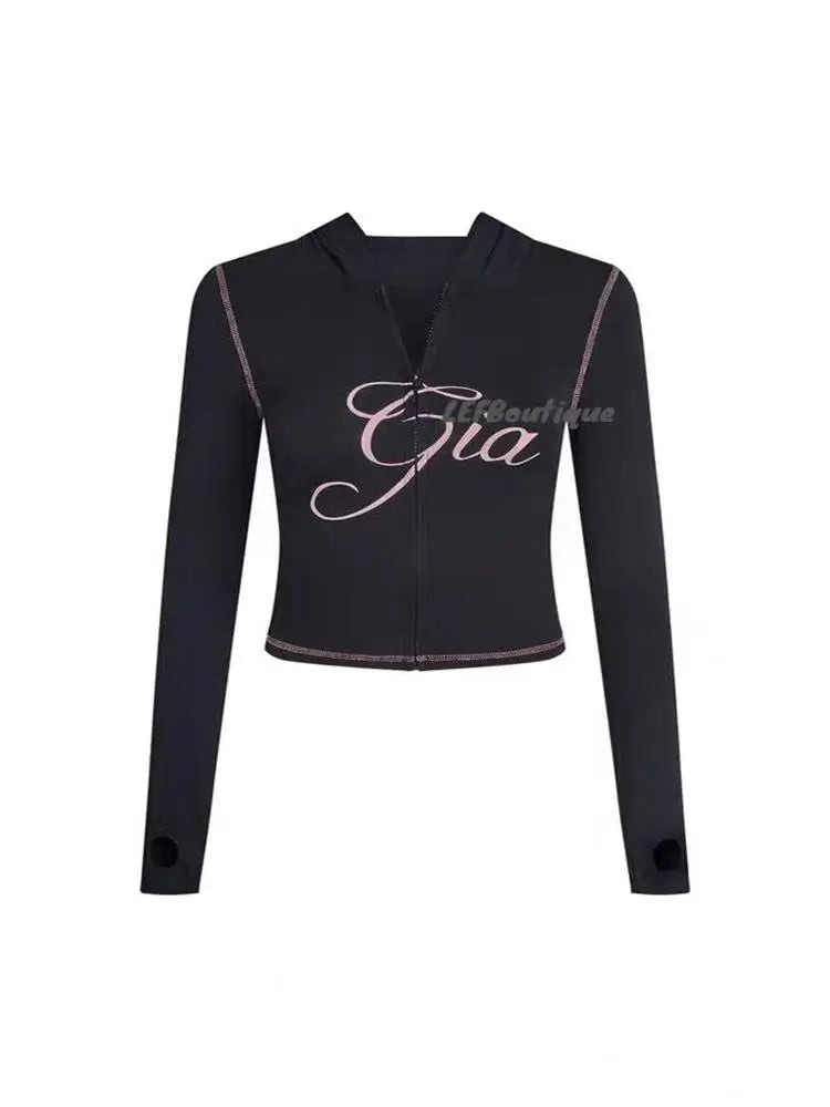 slim fit shoulder floral print bright line design slim fit hooded zipper short jacket pants for women black top