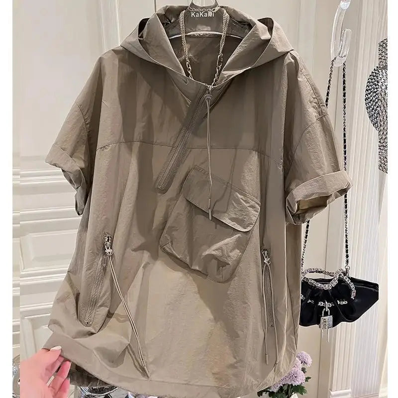 Summer Hoodies Women's Clothing Short Sleeve Hooded Half Zipper Y2k Tops Streetwear Casual Fashion Korean Sweatshirt Ropa Mujer khaki