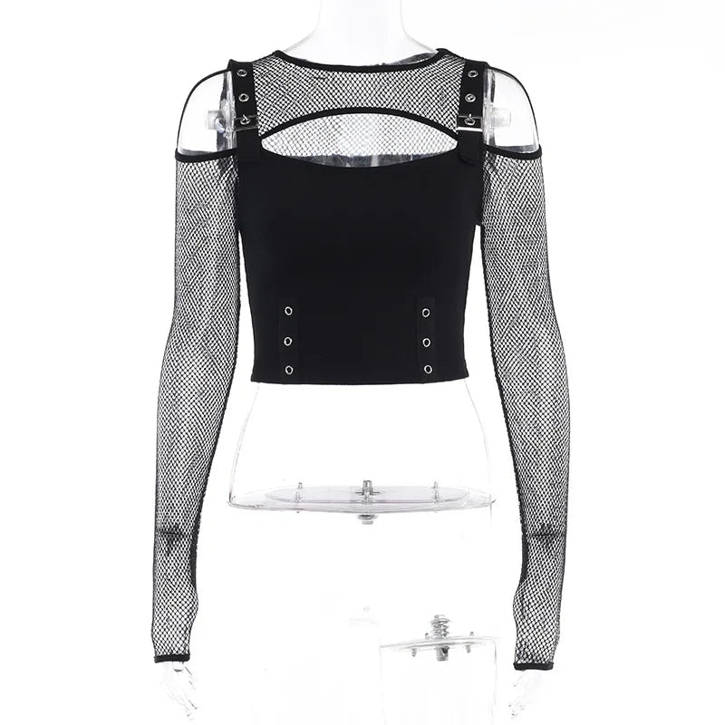 Goth Dark Mall Gothic Fishnet Patchwork T-shirts Grunge Punk Hollow Out Buckle Crop Tops Techwear Fashion Female Alt Streetwear black