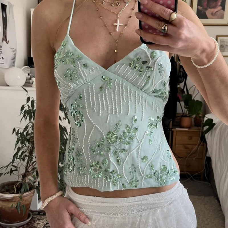 Y2k Sequin Beaded Halter Tops Boho Beach Backless Camis E-girl Sexy Club Party Sleeveless Shirt Vest Vintage Crop Tops Women Type 10