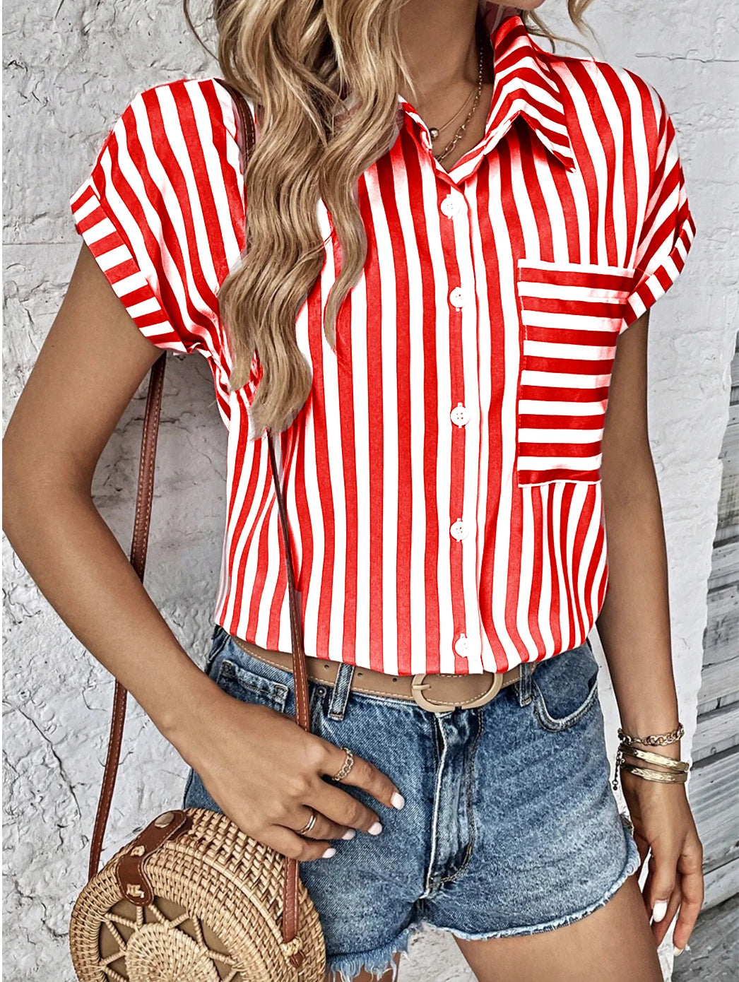 Casual Loose Striped Shirts For Women 2024 Women's Shirts And Blouses Fashion Elegant Youth Female Tops Red