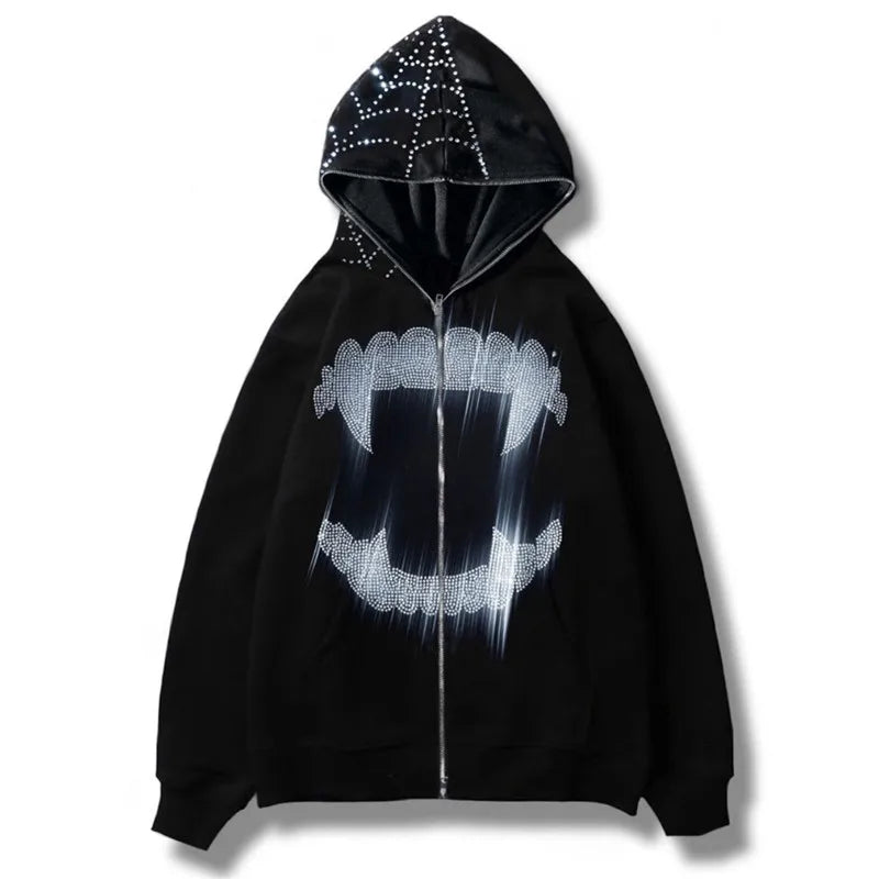 Y2K Rhinestone Cobweb Zip Up Oversized Sweatshirt 2022 Autumn Goth Hoodie Men Women Grunge Hooded Jacket Streetwear Y2K Clothing nz653