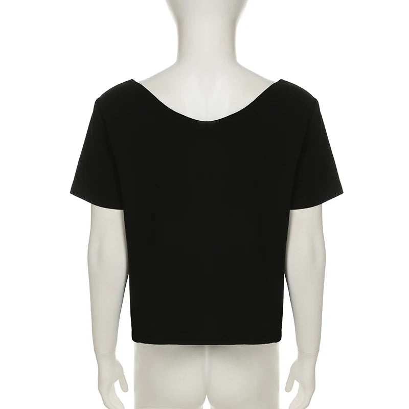 Cuteandpsycho Casual Sexy Crewneck Cropped Tops Slim Streetwear Summer Elastic Vintage Tees Short Sleeved Y2k Punk Clothings