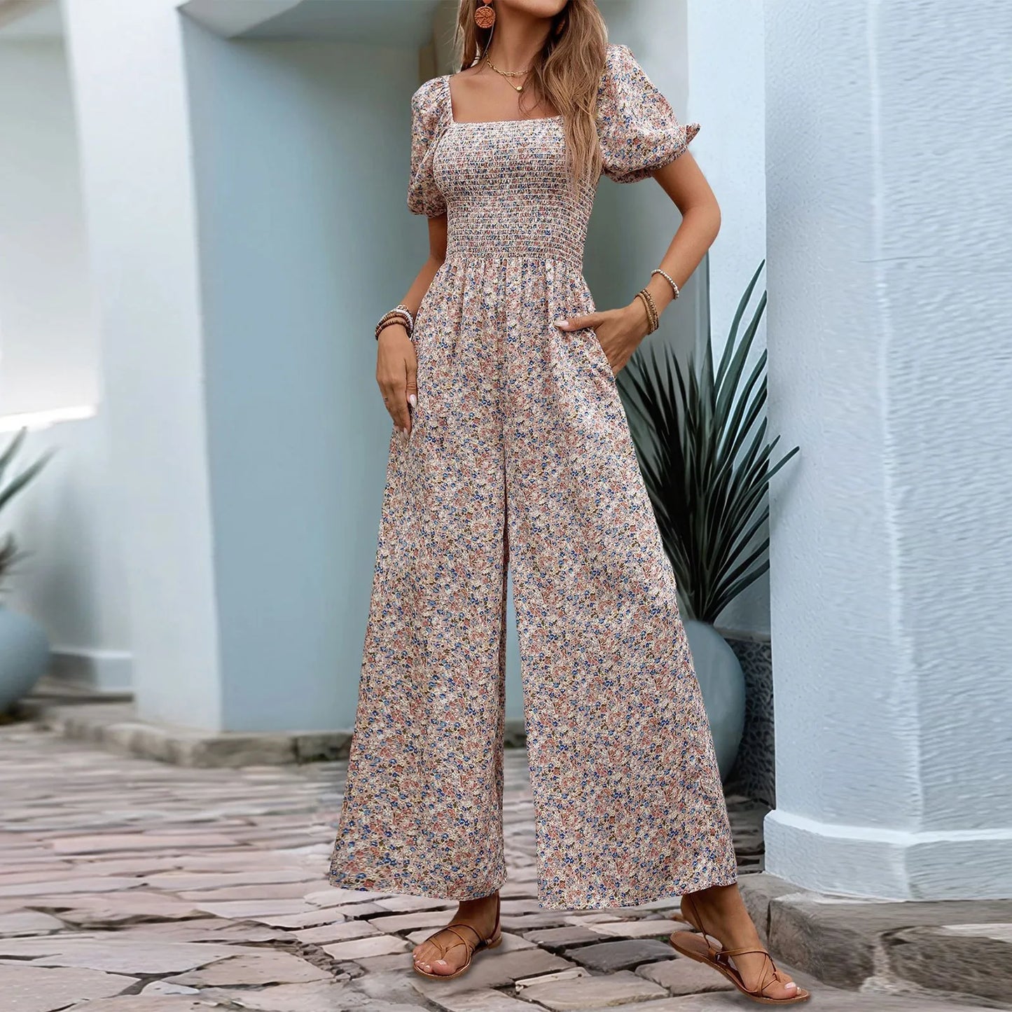 Bohemian Vacation Holiday Jumpsuit Women Pleated Wide Leg Rompers Chiffon Print Ethnic Playsuit Summer Casual Jumpsuits Badiee Stylez