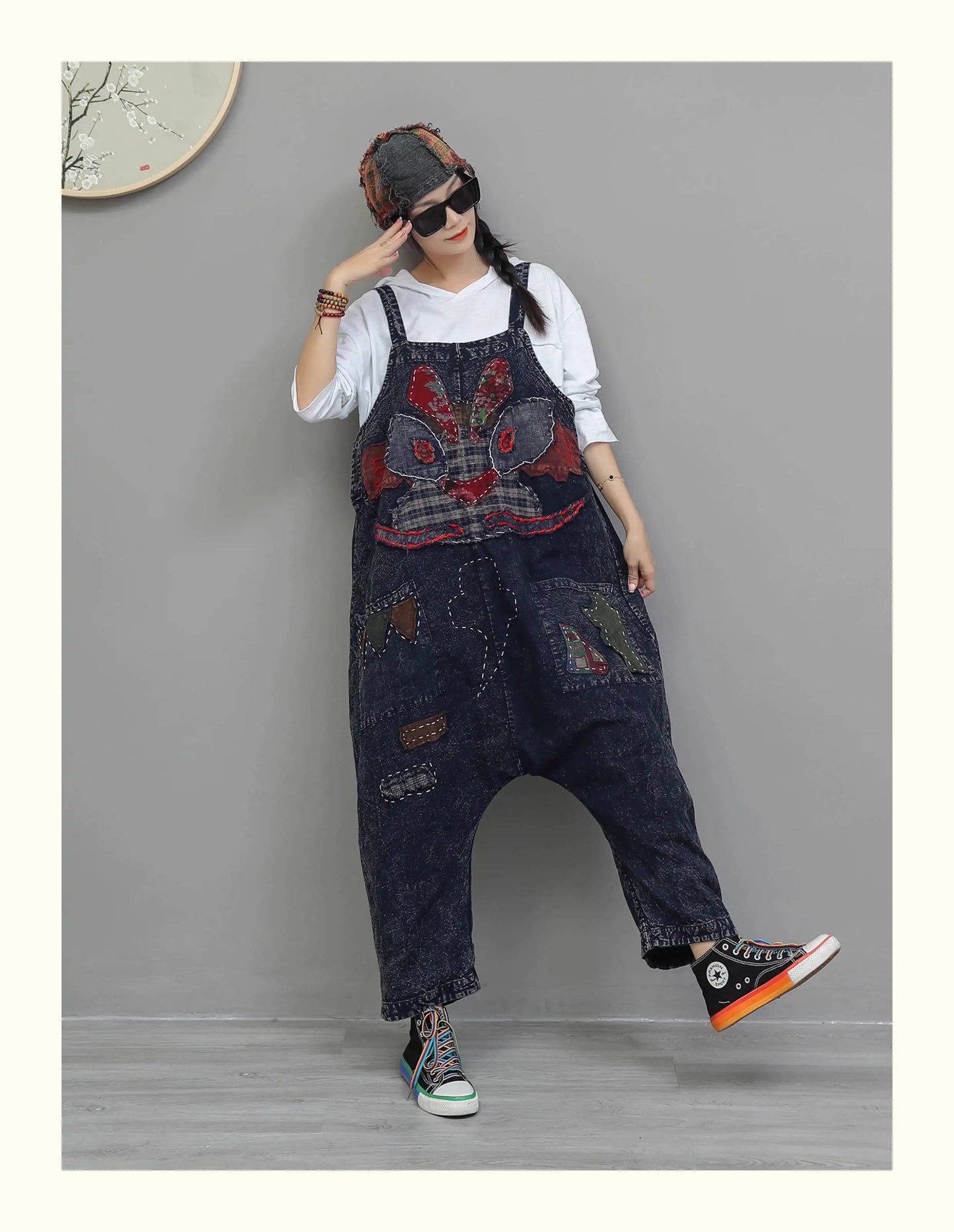 Heavy Embroidery Patch High Waist Overalls Women Autumn Fashion Stylish Loose Jumpsuit LX4372 Badiee Stylez