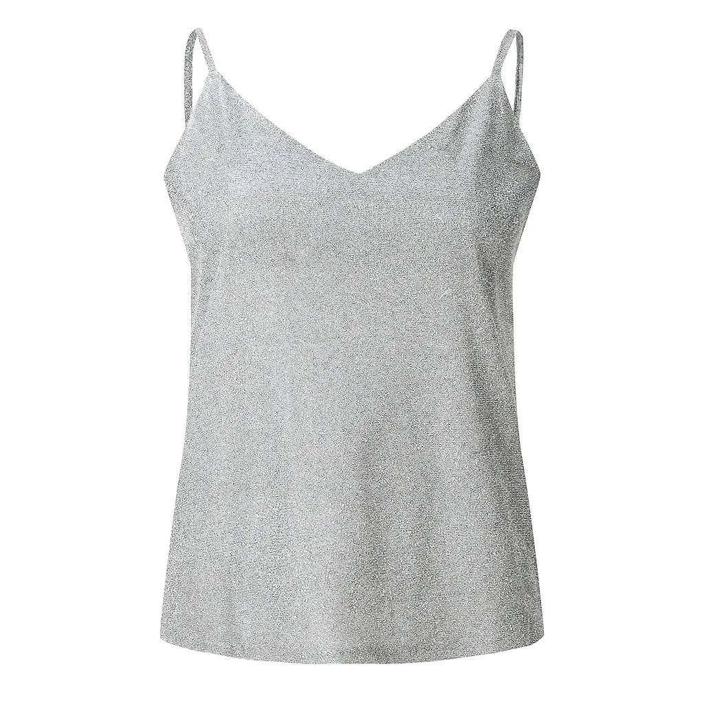 Women’s Solid Color V-Neck Tank Tops Ladies Glitter Strappy Sexy Cami Swing Vest Clubwear Fashion Canottiera Donna Estiva