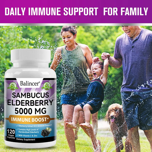 Elderberry - 5000 mg Per Serving, Vitamin C & Zinc, ImmunoBooster for Immune Support, Skin Health, 120 Veggie Capsules