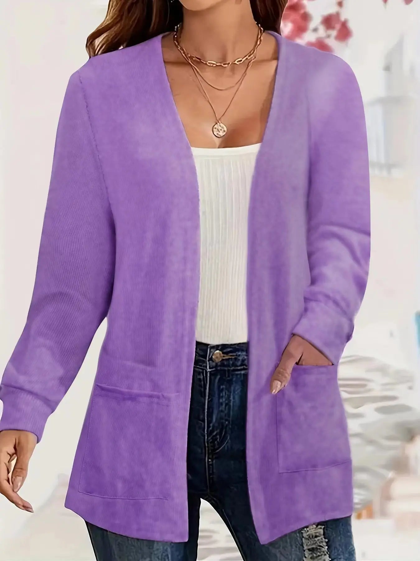 Autumn chic casual solid color pocket thin plus size women's jacket cardigan PURPLE