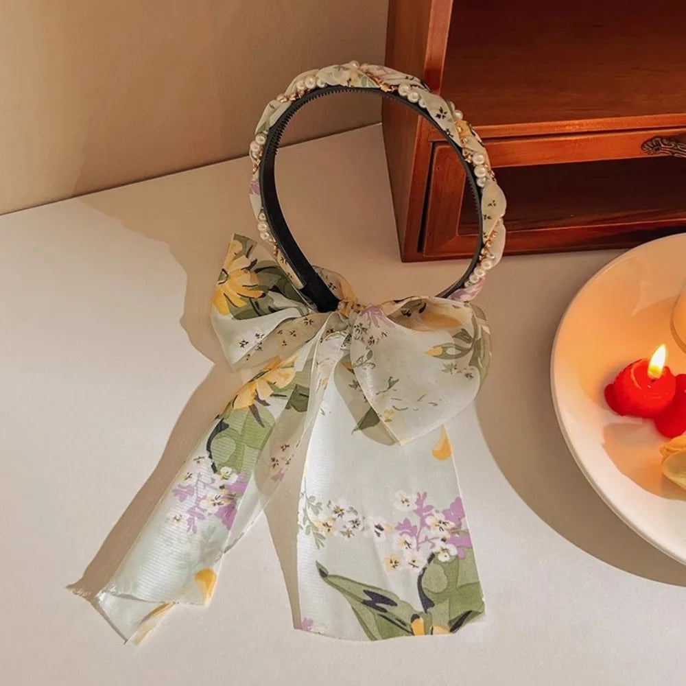 Retro Silk Scarf Headband Floral Print Pearl Braided Hairband Adjustable Bow Non Slip Ribbon Hairband for Women Girls Kid Style 7