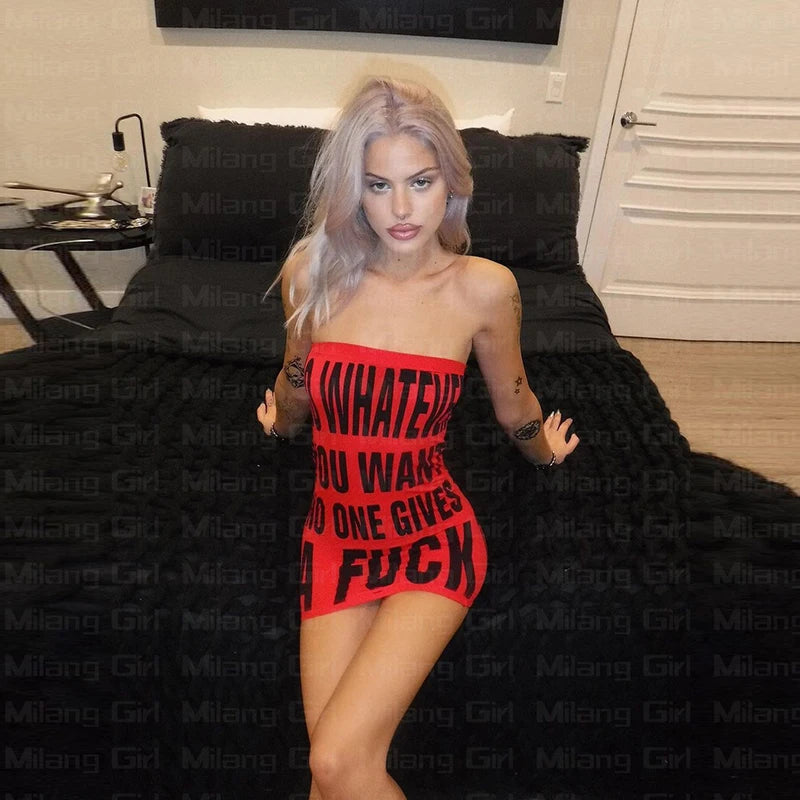 Red Dress Letter Slogan Printed Hot Bodycon Y2k Clubwear Sexy Trendy Tube Top Mini Dresses Summer Clothes for Women Fashion Sexy