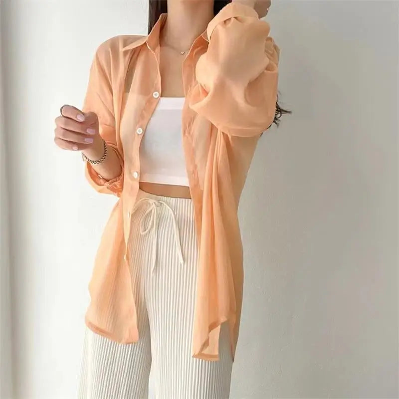 7 Colors Shirts Women Sheer Thin Chic Summer Simple Solid Sun-proof Tops Fashion Baggy All-match Basic Korean Style Sexy Clothes Orange One Size