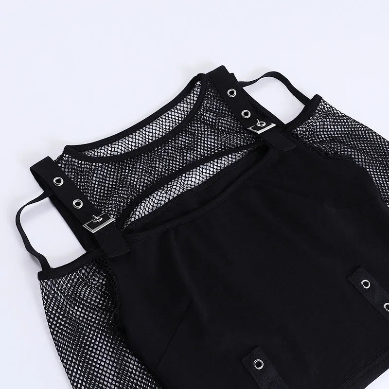 Goth Dark Mall Gothic Fishnet Patchwork T-shirts Grunge Punk Hollow Out Buckle Crop Tops Techwear Fashion Female Alt Streetwear