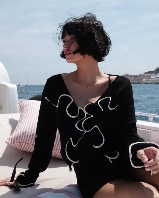 Yellow Knit Sweater Lace up Cropped Cardigan Ruffles Top For Women Black White Long Sleeve Y2K Clothing 2025 New Knitwears Fall