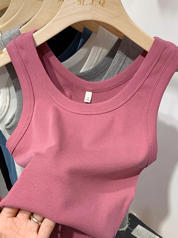 2025 Summer Women Sleeveless Tank Tops Fashion Crop Top O-neck Fitness Knitted Ribbed Vest Female Solid Camis Cropped Streetwear Pink