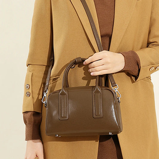 Hifashion Vintage Boston Cow Genuine Leather Handbags For Women 2025 Trend Designer Bowling Work Ladies Shoulder Crossbody Bags