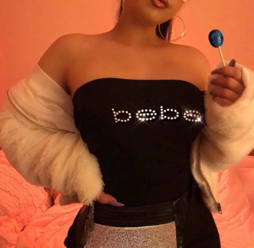 Y2k Rhinestones Bebe Letter Print T-shirt Women Baby Tee Vintage Summer Punk Casual Crop Top Goth Sexy Sleeveless Tube Tops Emo