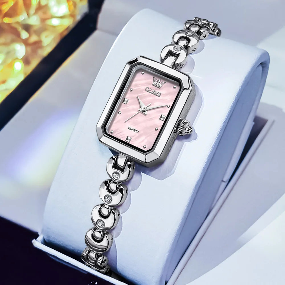 OLEVS 3665 Woman Watches Original Elegant Fashion Square Quartz Watch Chain Bracelet Ladies Watch Bracelet Gifts New Reloj Mujer Silver Pink CHINA Yes