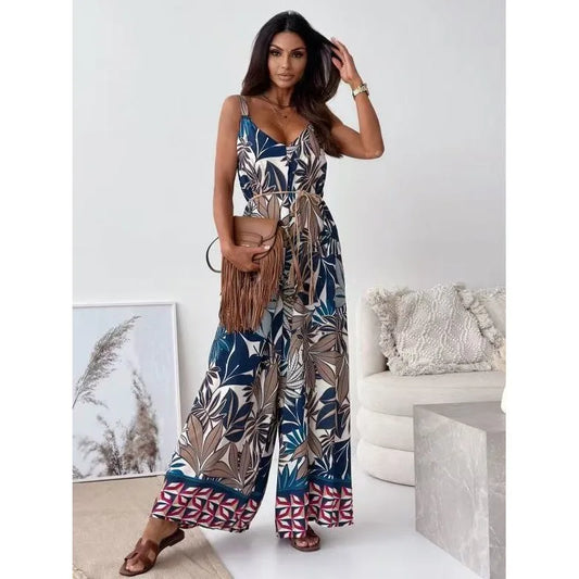 New Women's Wide Leg Jumpsuit V-Neck Strapless Belted Print New Style Short Pants