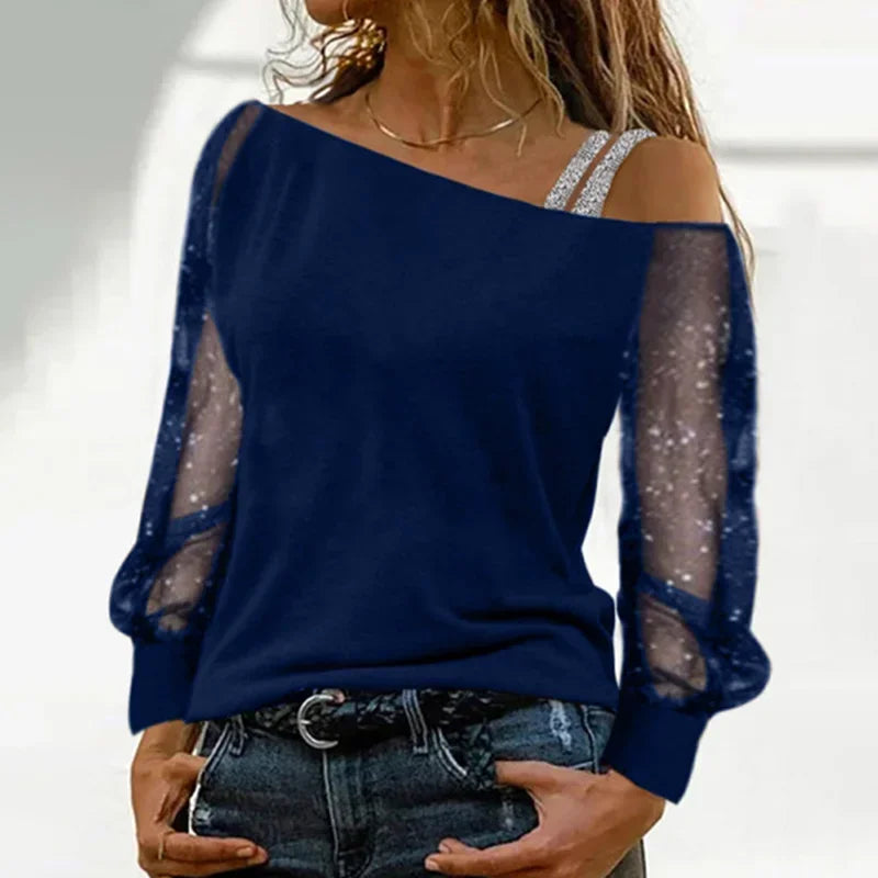 Fashion Slash Neck T Shirt Women Perspective Shiny Long Sleeves Tees Silver Strap Off Shoulder Pullover Streetwear Tops blue
