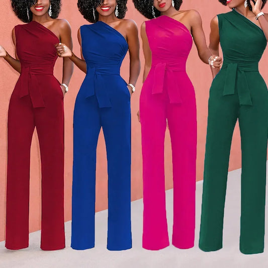 Women's Jumpsuit Solid Skew Collar Crop Top Straight Pants Belt Sexy Sleeveless Loose Pants Elegant Charming Playsuits 2024 Badiee Stylez