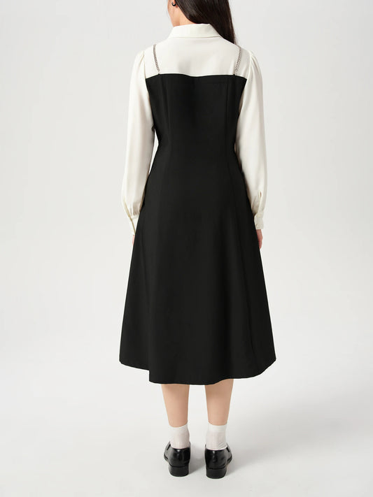 DUSHU Women Autumn Long SLeeve Dresses Office Lady Temperament Polo Neck A-LINE Long Dress Fake Two Patchwork Dress 24DS83358