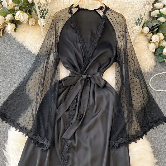 Sexy Embroider Edge Lady Kimono Bathrobe Dress Gown Mesh Sleeve Wedding Long Robe Sleepwear Loose Silk Satin Nightwear Lingerie