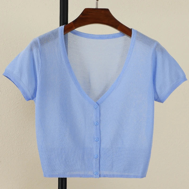 Outerwear Jerseys Summer Cardigan Women Cropped Blouses Korean Fashion Style Cute V-neck Women's Coat Black Bolero Woman Basic SKY BLUE CHINA