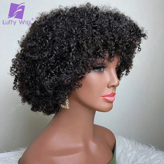 Short Pixie Cut Human Hair Wig With Bangs Brazilian Remy Afro Kinky Curly Bob Wig 180 Density Glueless For Black Women LuffY