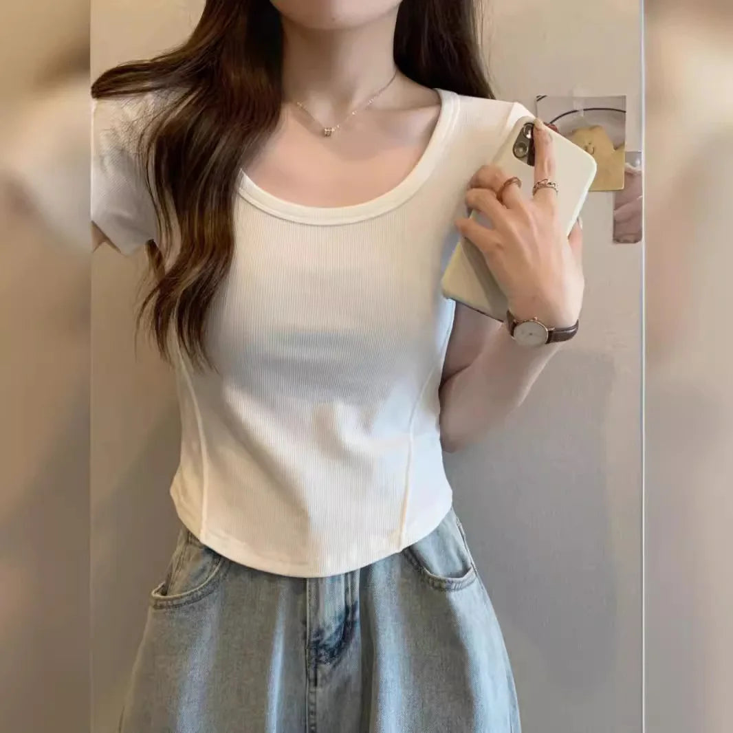 Y2K T-shirt Women V-neck Irregular Short Sleeve Crop Top New Korean Fashion Slim High Waist Solid Tee Shirt Woman Sexy Clothes