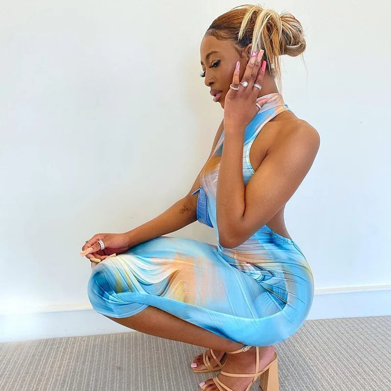 Hugcitar Tie Dye O Neck Sleeveless Backless Sexy Bodycon Slit Midi Dress 2023 Summer Women Fashion Clothes Y2K Streetwear Party
