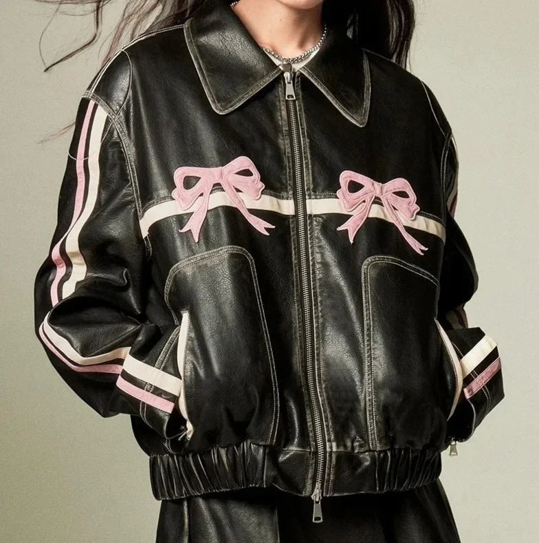 Zekye Vintage Women's Faux Leather Jacket Autumn Winter Lapel Collar Bow Detail Zipper Overcoat Fashionable Outerwear
