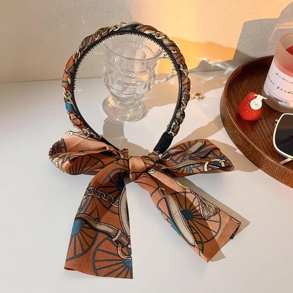 Retro Silk Scarf Headband Floral Print Pearl Braided Hairband Adjustable Bow Non Slip Ribbon Hairband for Women Girls Kid Style 1