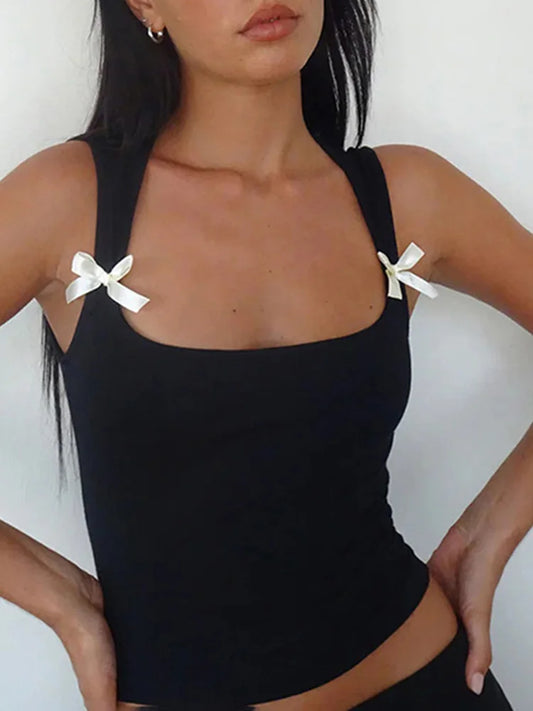 Y2K Women'S Bow Tie-Up Tank Tops Wide Shoulder Straps Bandage Camisole Sexy Low Cut Crop Tops Female Vest Tops