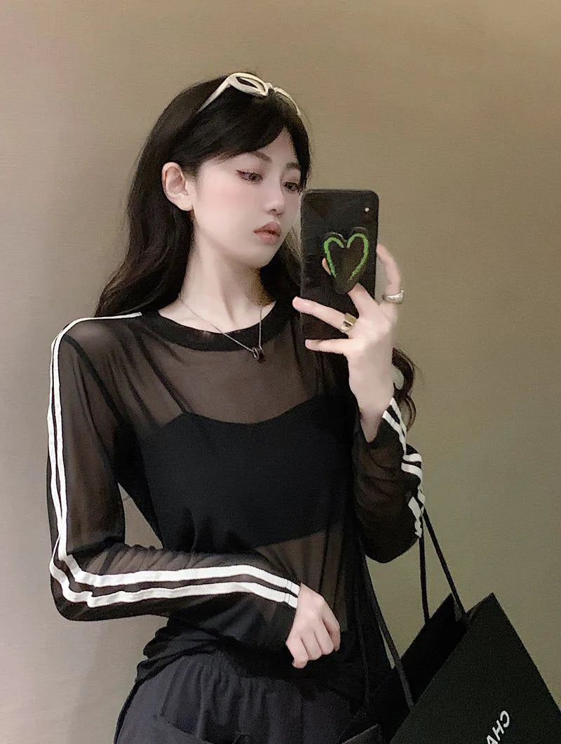 Y2K Sheer Sun-Proof Shirts Women Striped Long Sleeve T Shirts Streetwear See Through Mesh Blouses Korean Sun Protection Tops New
