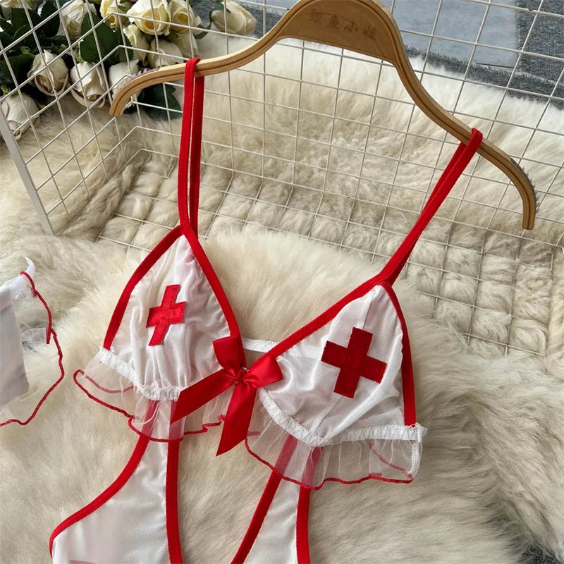 Sexy Cosplay Nurse Uniform Erotic Lingerie Babydoll Dress Flirting Underwear Women Clothes Costume 5 Piece Jumpsuit Dresses