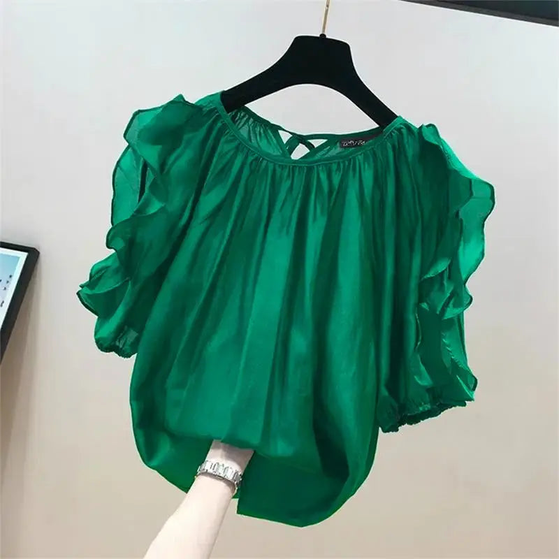 ZANZEA Women Cold Shoulder Blouses Fashion Ruffled Half Sleeve Tops 2024 Back Straps Pleated Tunics Summer Casual Loose Shirts green