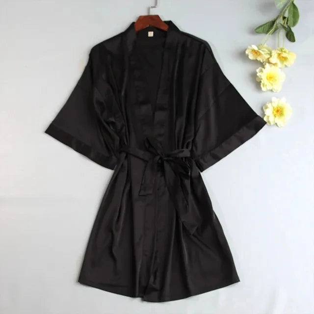 Women Wedding White Bride Robe Morning Gown 3/4 Sleeve Sleepwear Loose Nightgown Female Silk Satin Kimono Bathrobe Lingerie Black