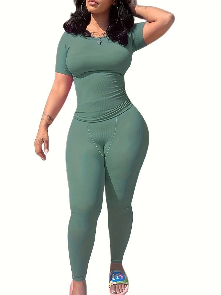 New style Lounge Wear Ribbed Casual 2 Piece Summer Shorts Set For Women Sleeve Top+Elastic Leggings Outfits green
