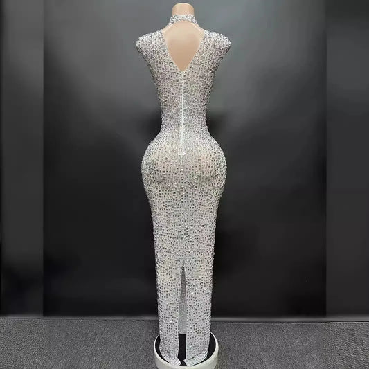 Sexy Full Drill Elastic Slim Fit Sleeveless Long Dress - Hip Wrap, For Host Stage Catwalk & Engagement Evening High-Slit Dresses Badiee Stylez