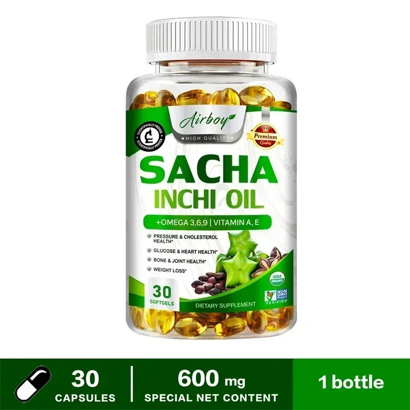Sacha Inchi Oil Capsules - Supports Brain, Heart, Eye, Skin Health, Balances Cholesterol, Improves Digestion, Boosts Immunity 30 Capsules