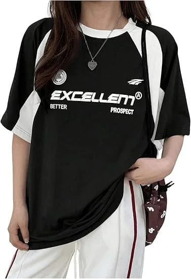 Women's Contrast Letters Printed Round Neck Short Sleeve T-Shirt Summer Women Clothing Fashion Korean Y2K Streetwear Tops T190433