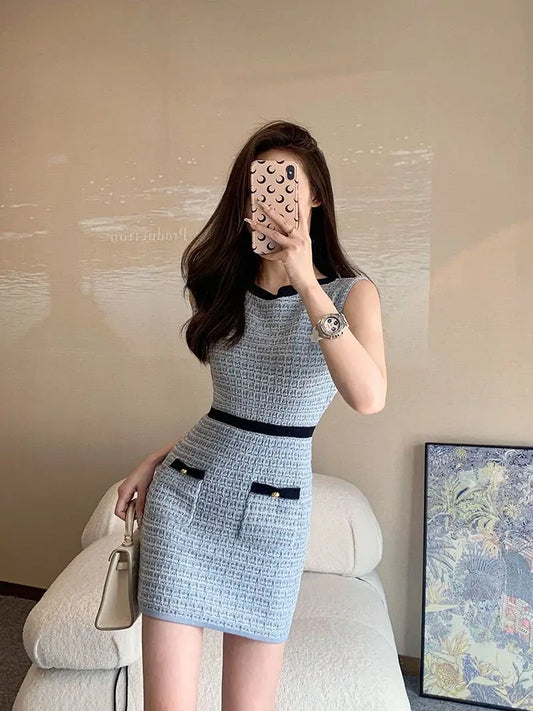 Korejpaa Korean Fashion Tank Dresses Women Simple Contrast Color Sleeveless Knitted Bodycon Dress Casual Slimming Vestidos