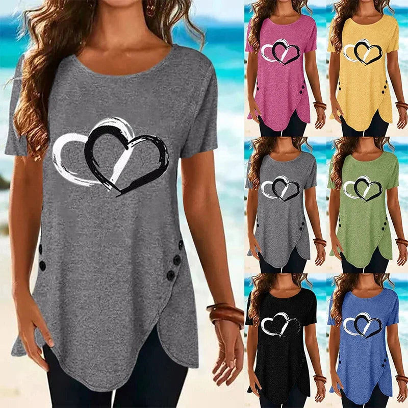 Women's Short-sleeve Heart Printed T-shirt Summer Casual Loose Long Top Tee Shirt Clothing Fashion T Shirt Streewear Oversized