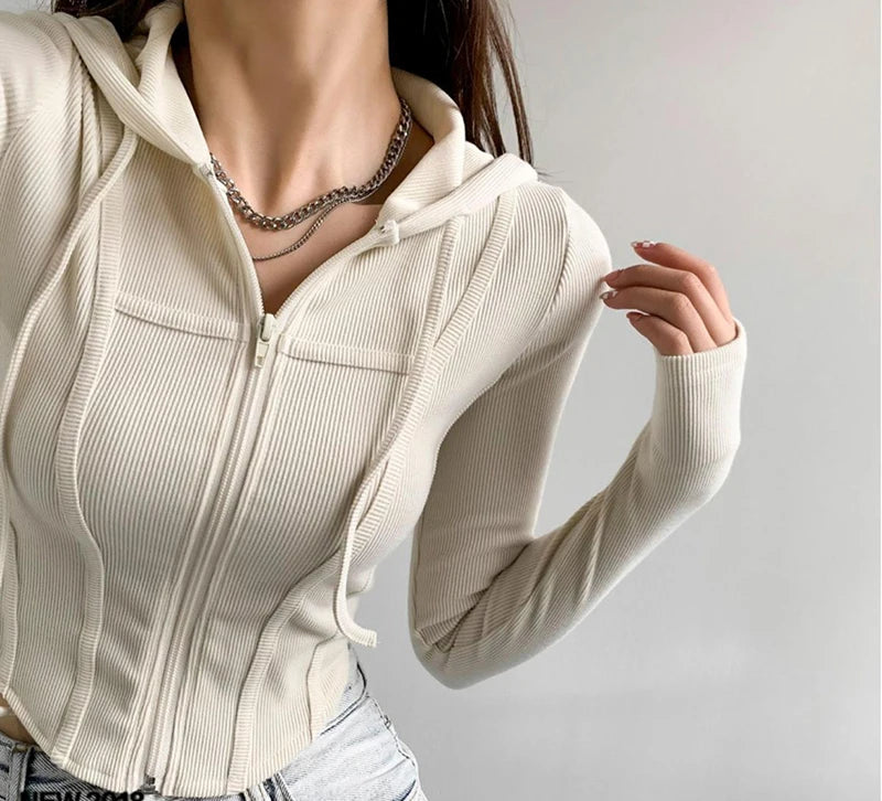 Thin Hooded Cardigan Women Korean Vintage Slim Summer Solid Sports Jacket Vertical Pit Stripe Zipper Female Sexy Cropped Tops