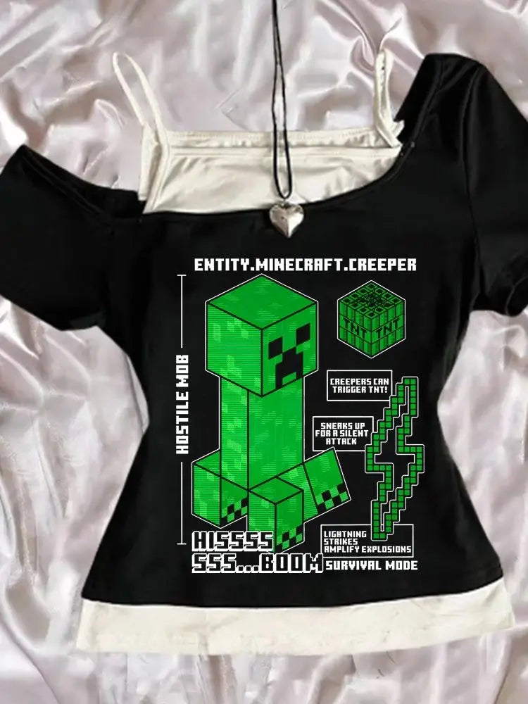Punk Gothic Sexy Streetwear Slim Baby Tee 2000s Tops Y2k Fake two off shoulder T-shirts Harajuku Aesthetic Short Sleeve Clothing