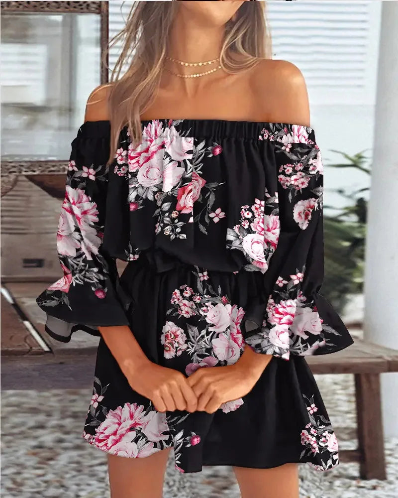 Women Sexy Top Summer Off Shoulder Floral Blouses Women 2023 Boho Casual Backless Blouse Female Holiday Slash Neck Tops Clothing black